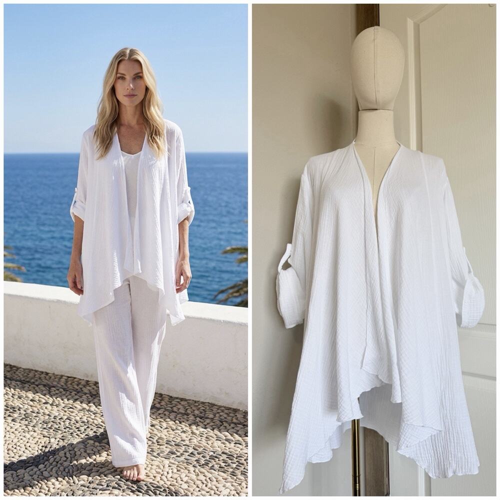 Kaktus Bright White Gauze Jacket Sz M 100% Cotton Draped 3/4 Sleeve